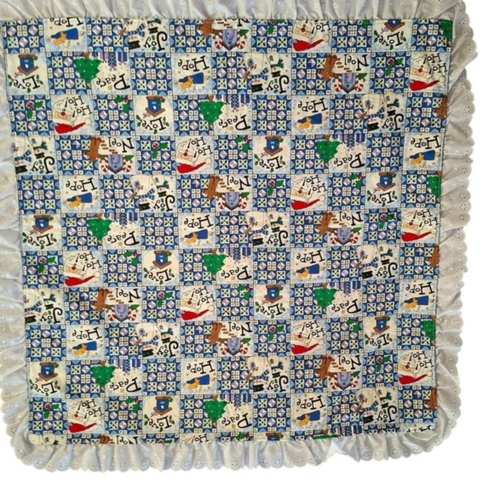 Quilted Throw Blanket With Ruffled Eyelet Trim Santa Snowman Joy Quilt